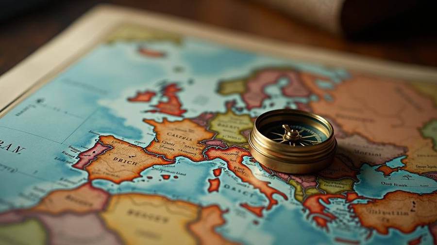 Messinkikompassi ja Euroopan kartta pellavapinnalla